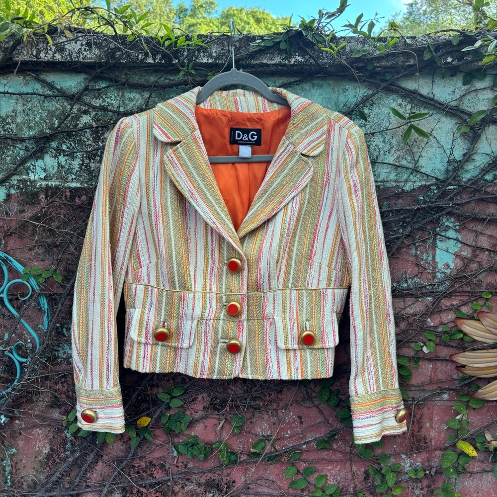 D&G vintage blazer 90s Y2K stripes, orange green metallic gold woven career